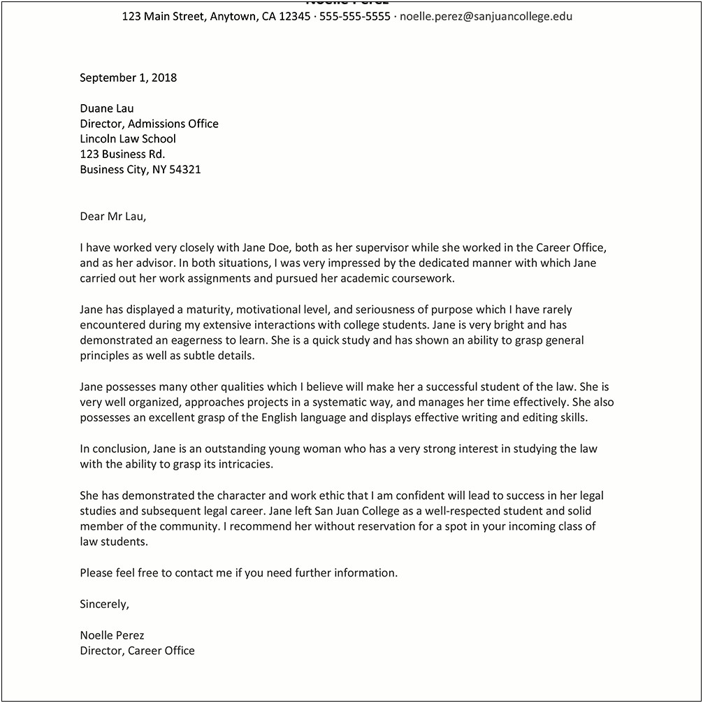 Letter Of Recommendation Template To Law School