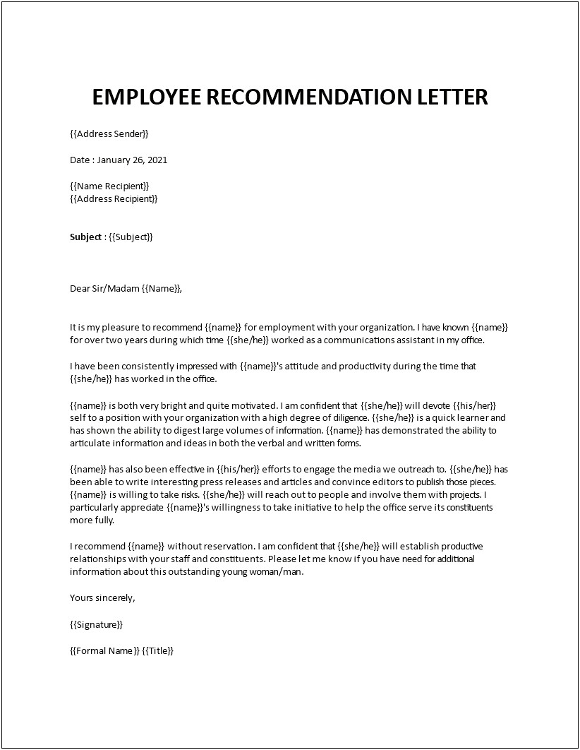 Letter Of Recommendation Template Word Employee