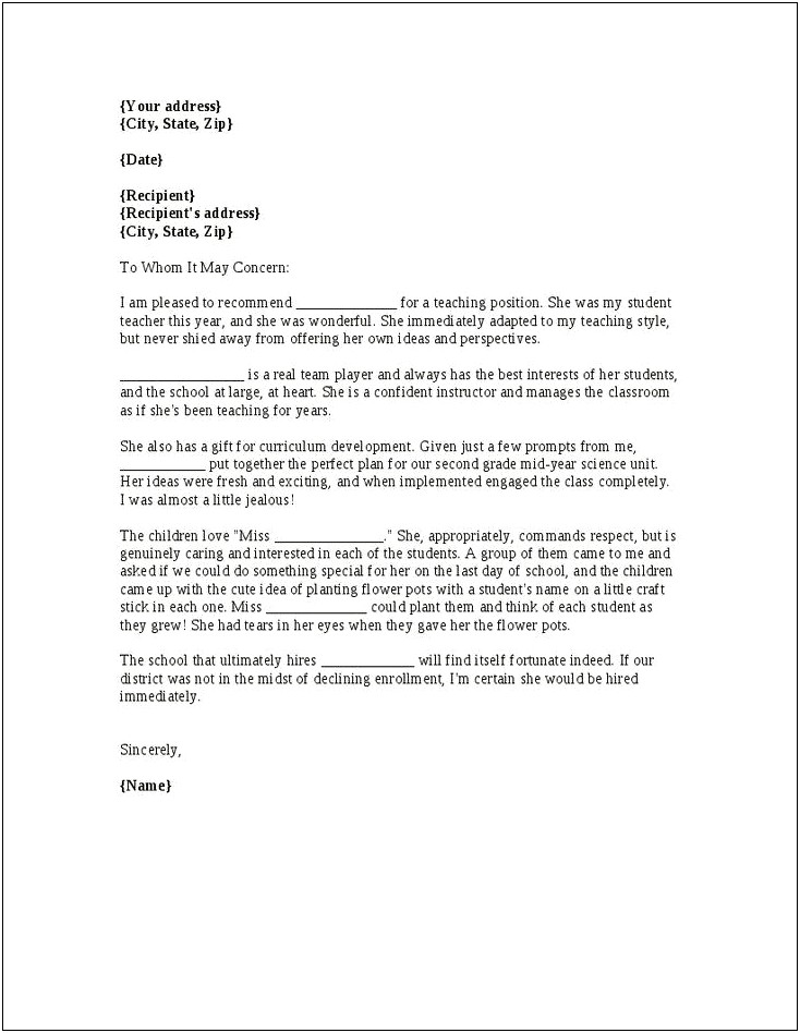 Letter Of Recommendation Templates For College