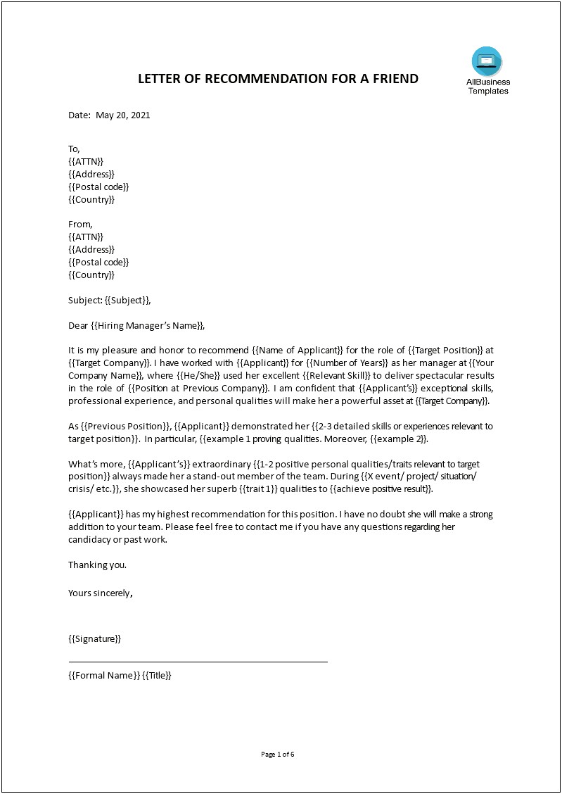 Letter Of Recommendation Templates For Leadership