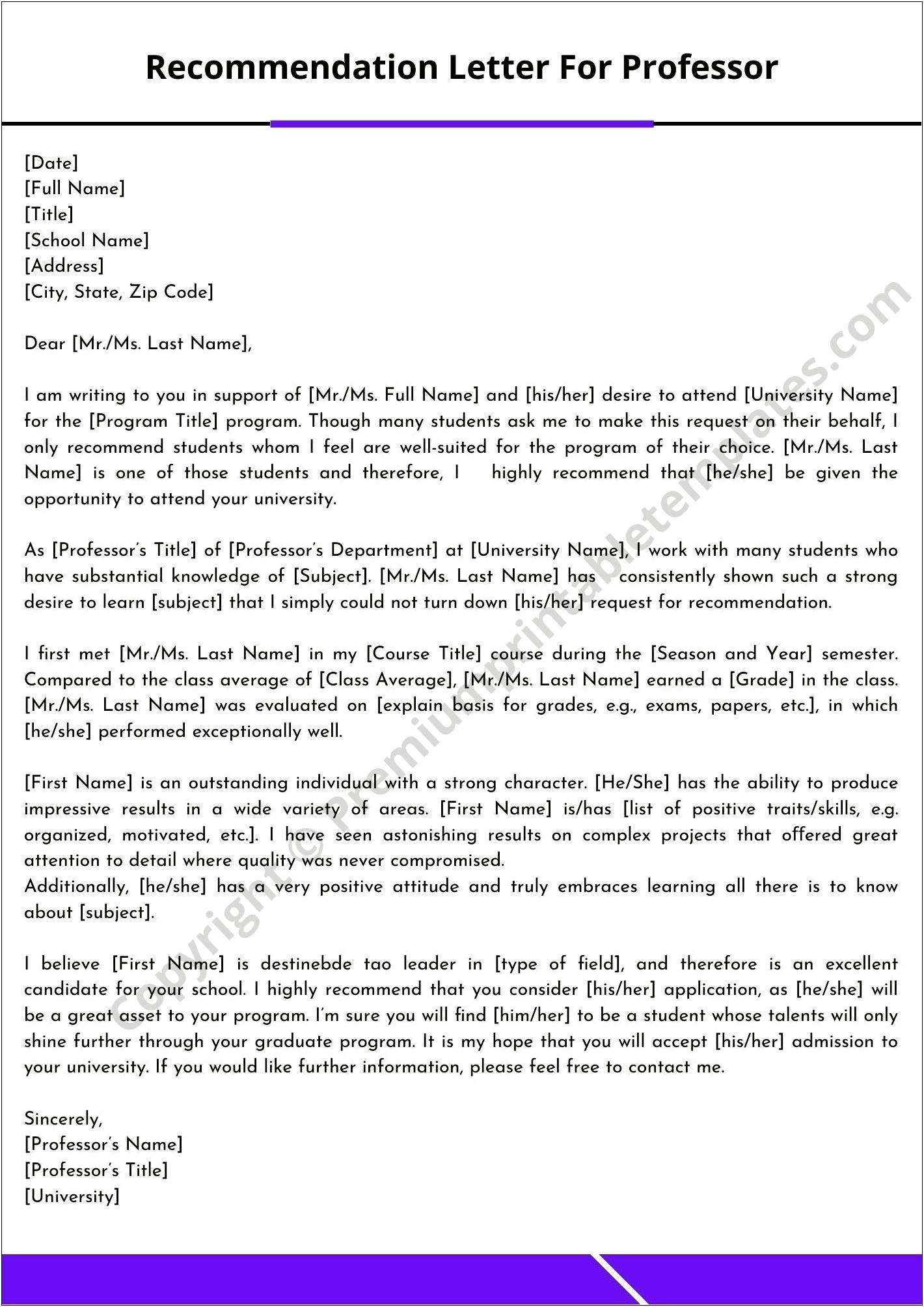 Letter Of Recommendation Templates For Professor From Student