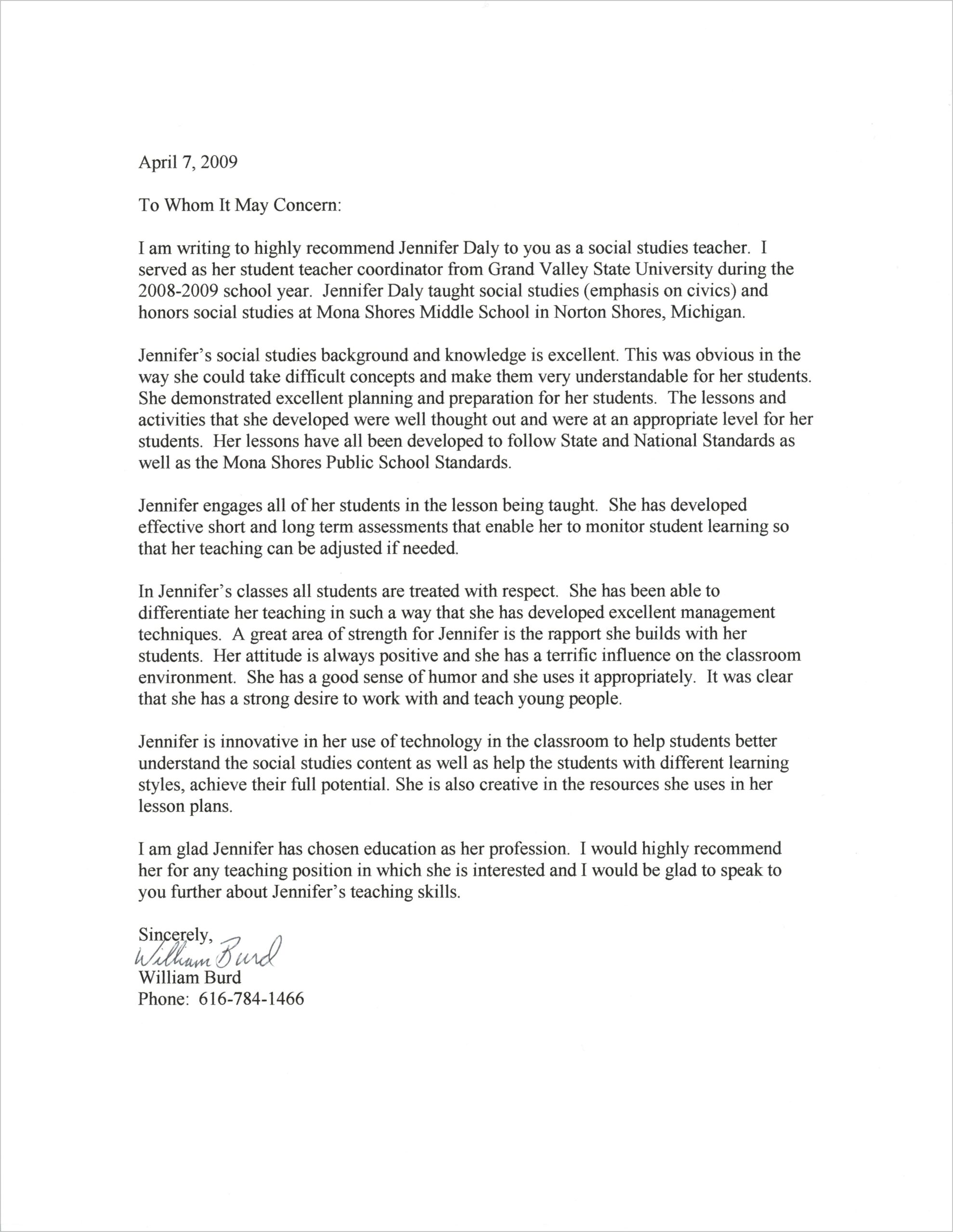 Letter Of Recommendation Templates For Students From Teacher