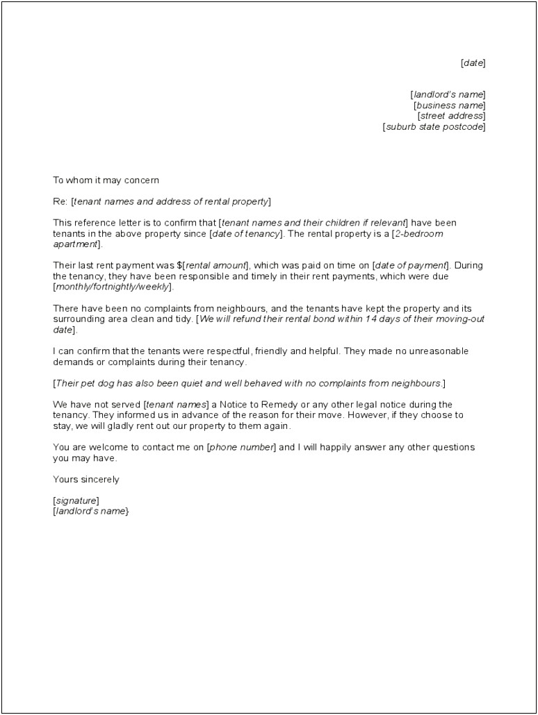 Letter Of Reference For A Business Template