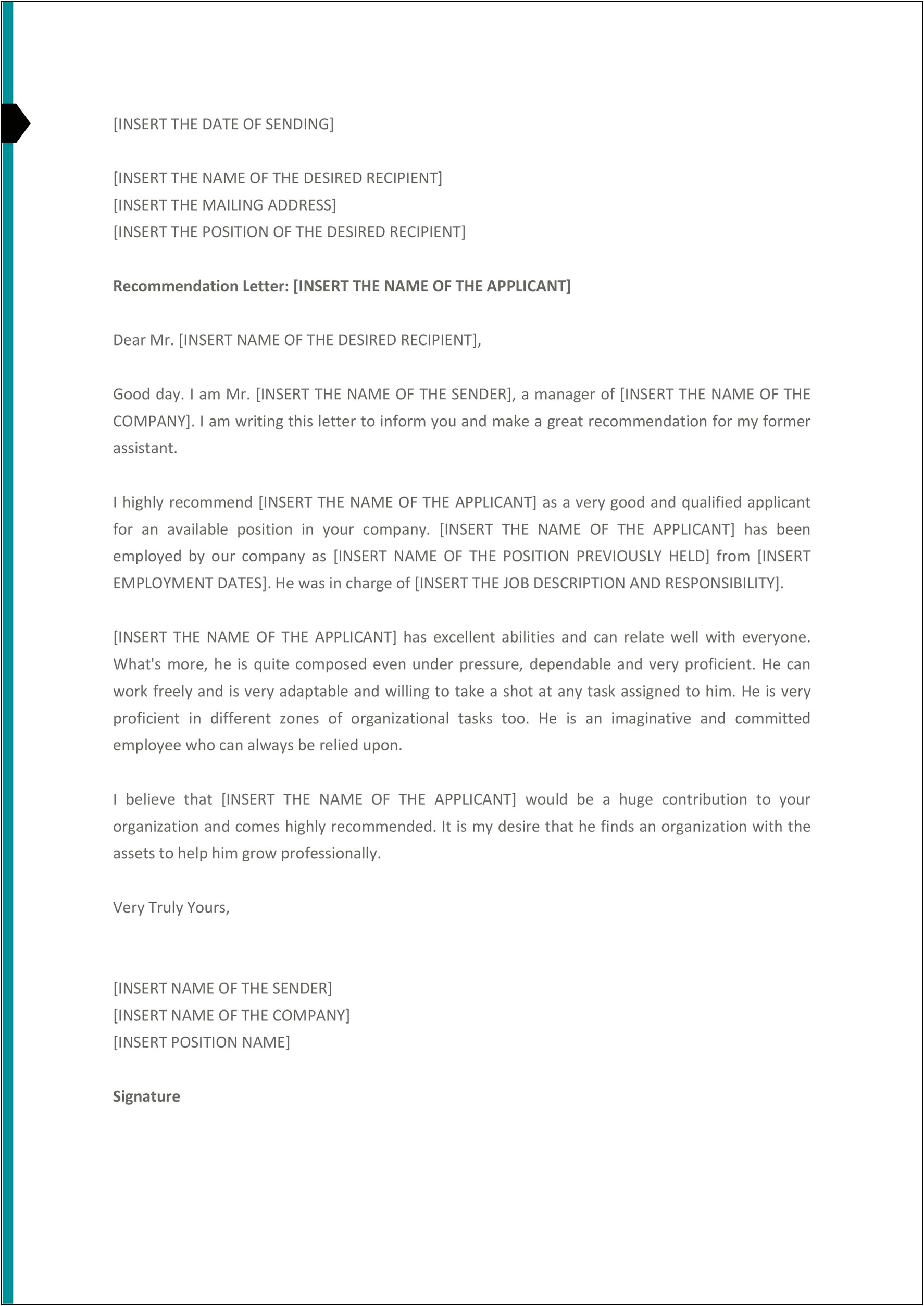 Letter Of Reference For A Job Template