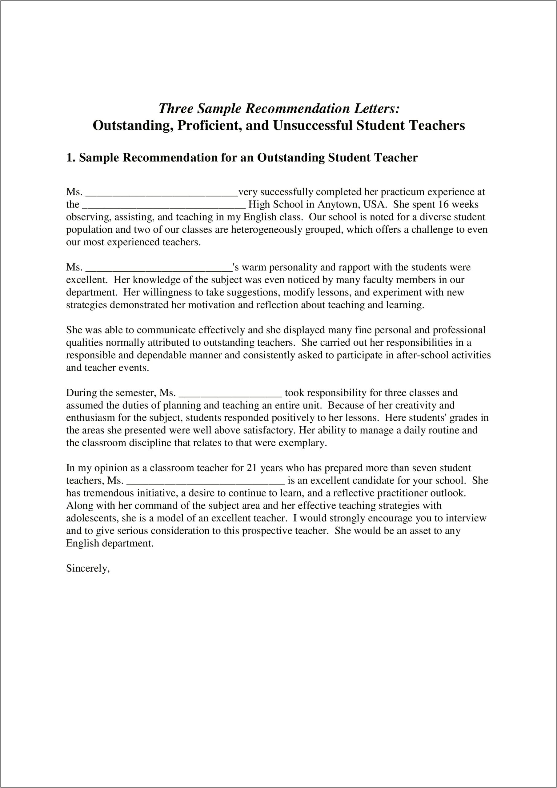 Letter Of Reference Template For Teacher