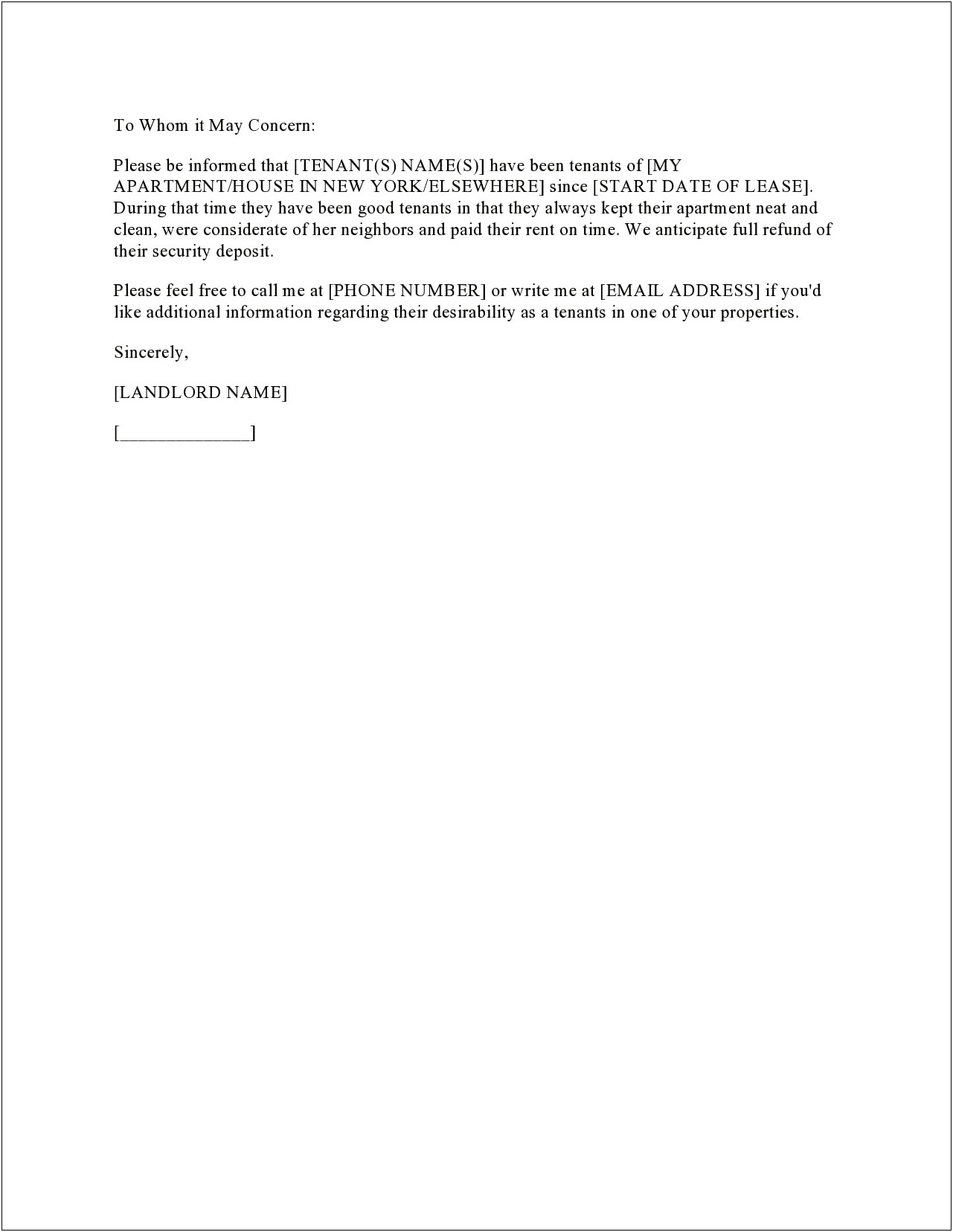 Letter Of Rental Reference For Employee Template