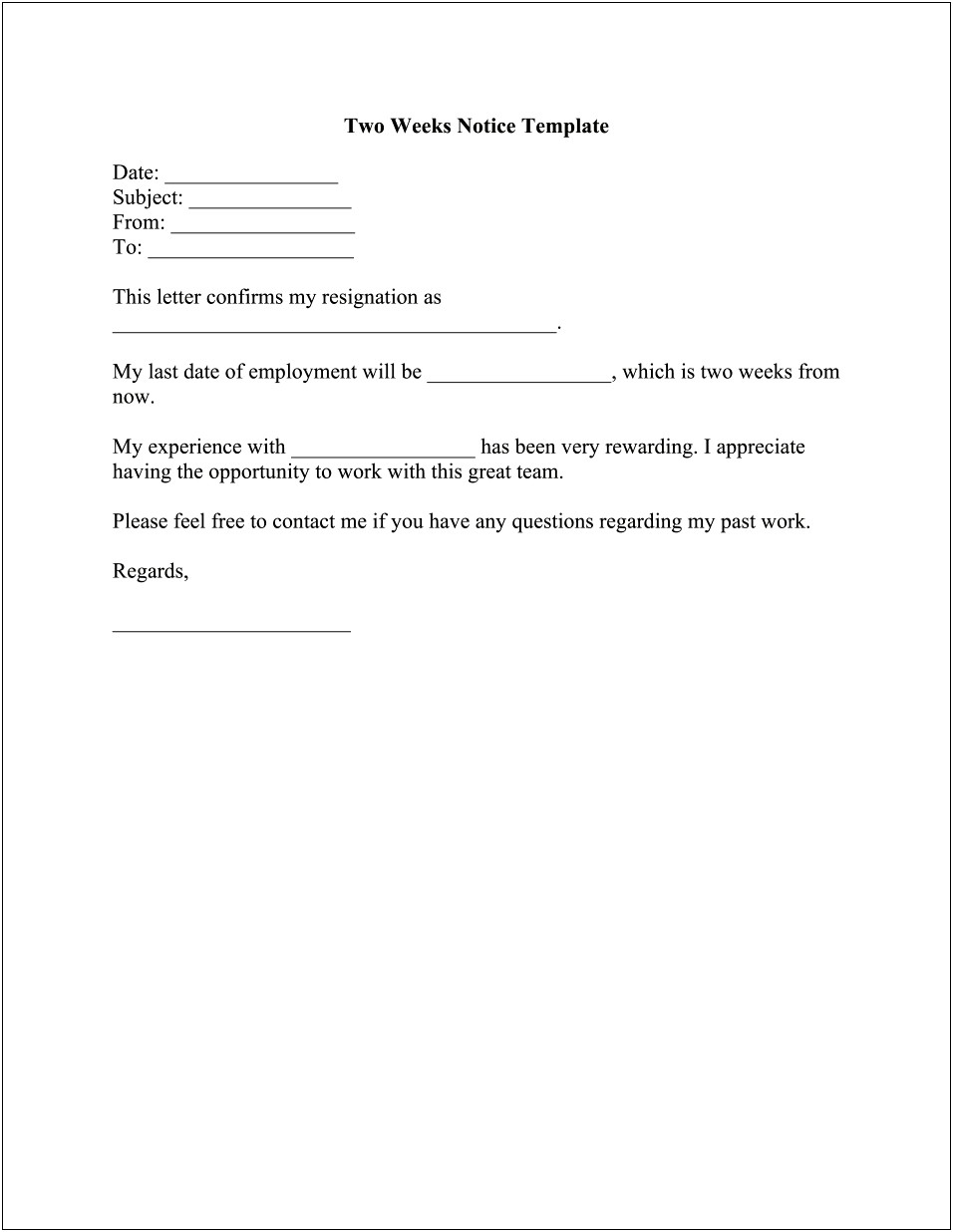 Letter Of Resignation 2 Week Notice Template