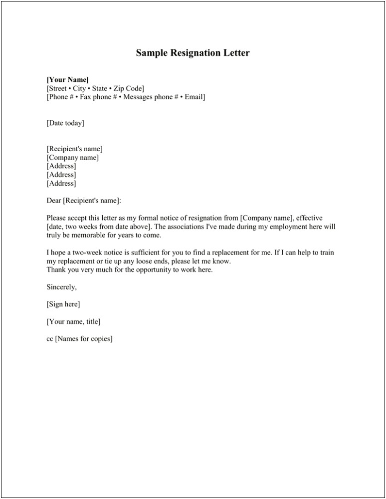 Letter Of Resignation 2 Weeks Notice Templates