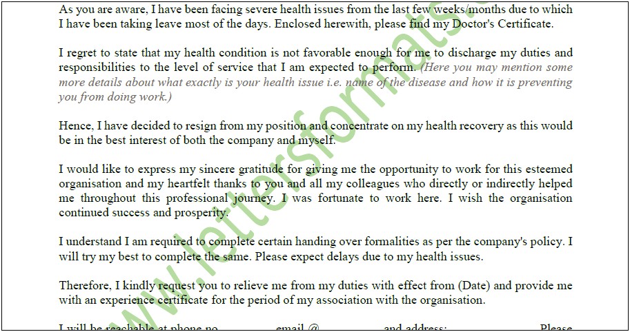 Letter Of Resignation Due To Family Illness Template