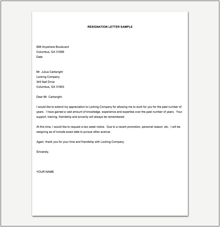 Letter Of Resignation Due To Illness Template