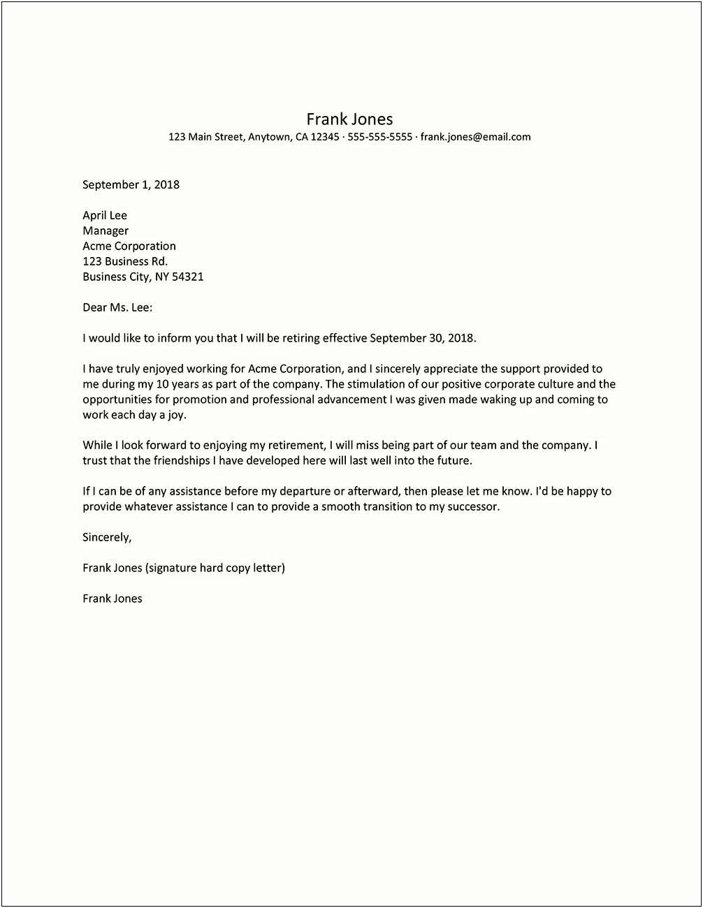 Letter Of Resignation Due To Retirement Template