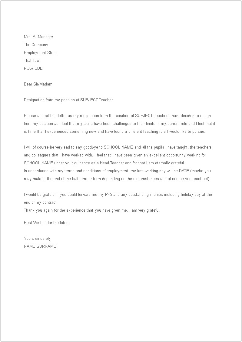 Letter Of Resignation For Teachers Template