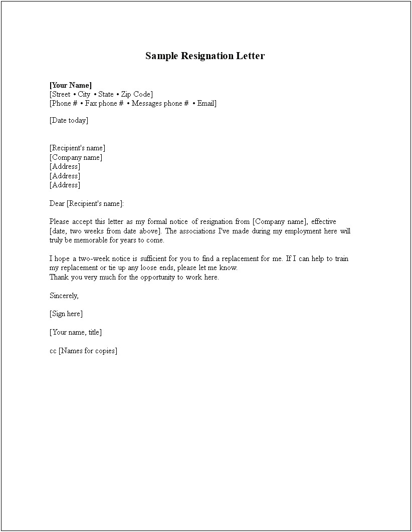 Letter Of Resignation From A Job Today Template