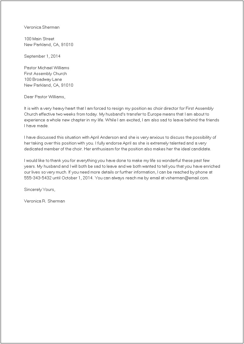 Letter Of Resignation From Church Template