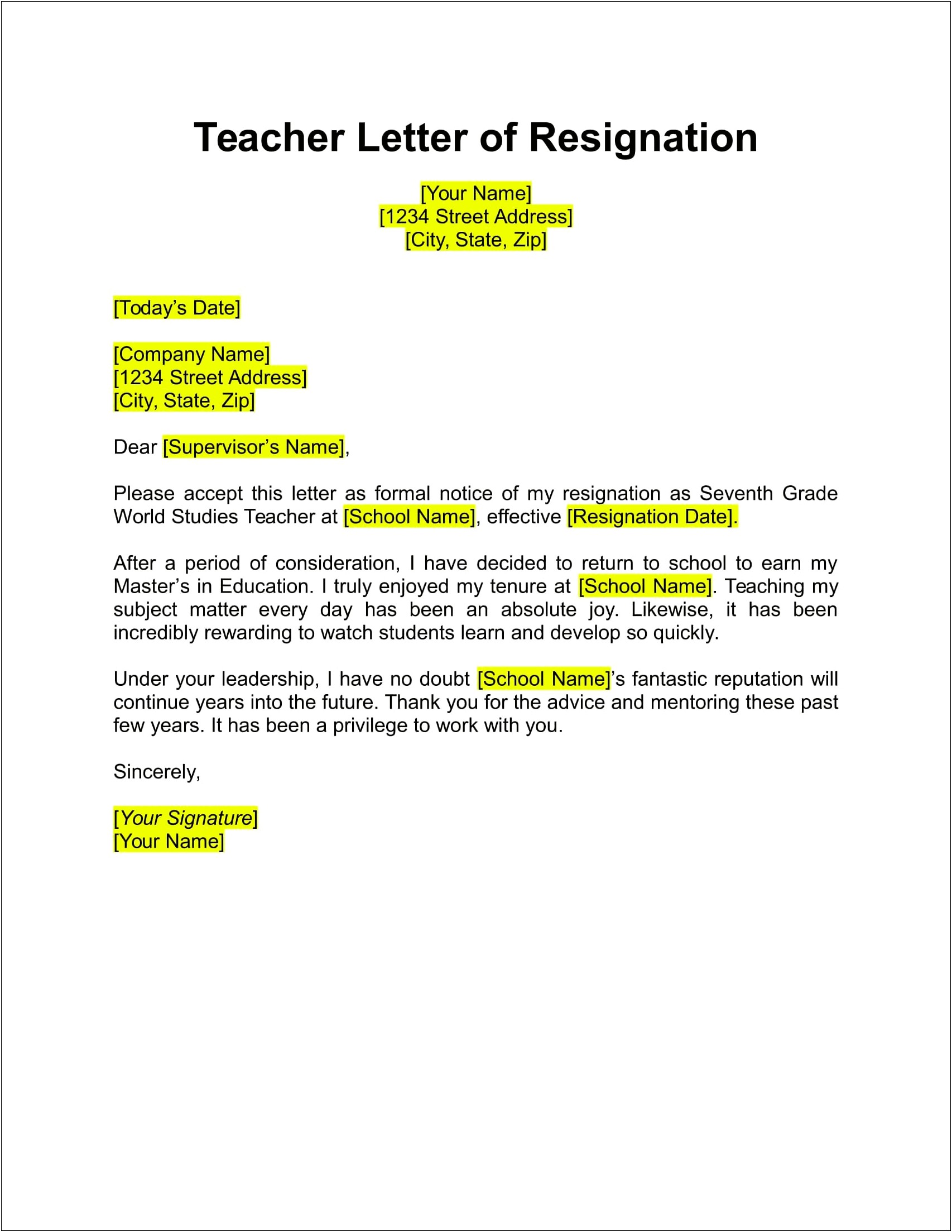 Letter Of Resignation From Teaching Template