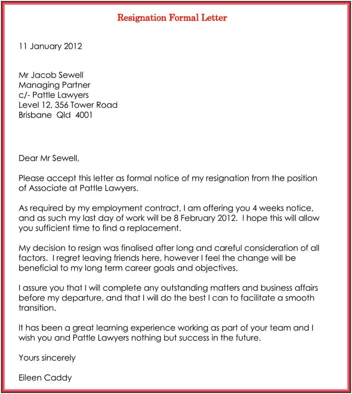 Letter Of Resignation Of Employment Template