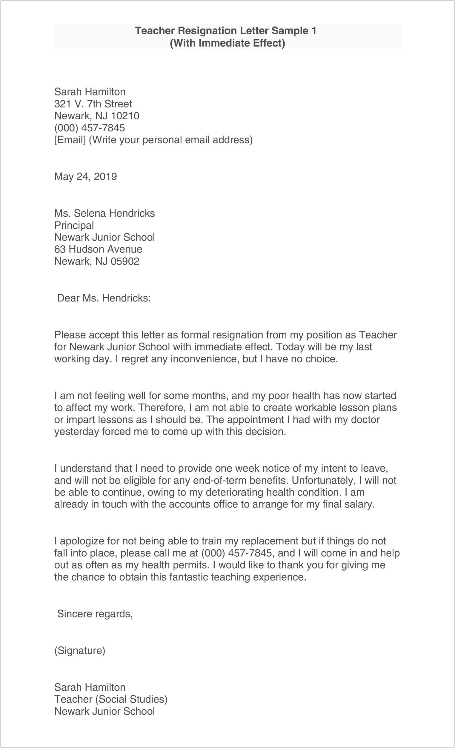 Letter Of Resignation Teacher Template Uk