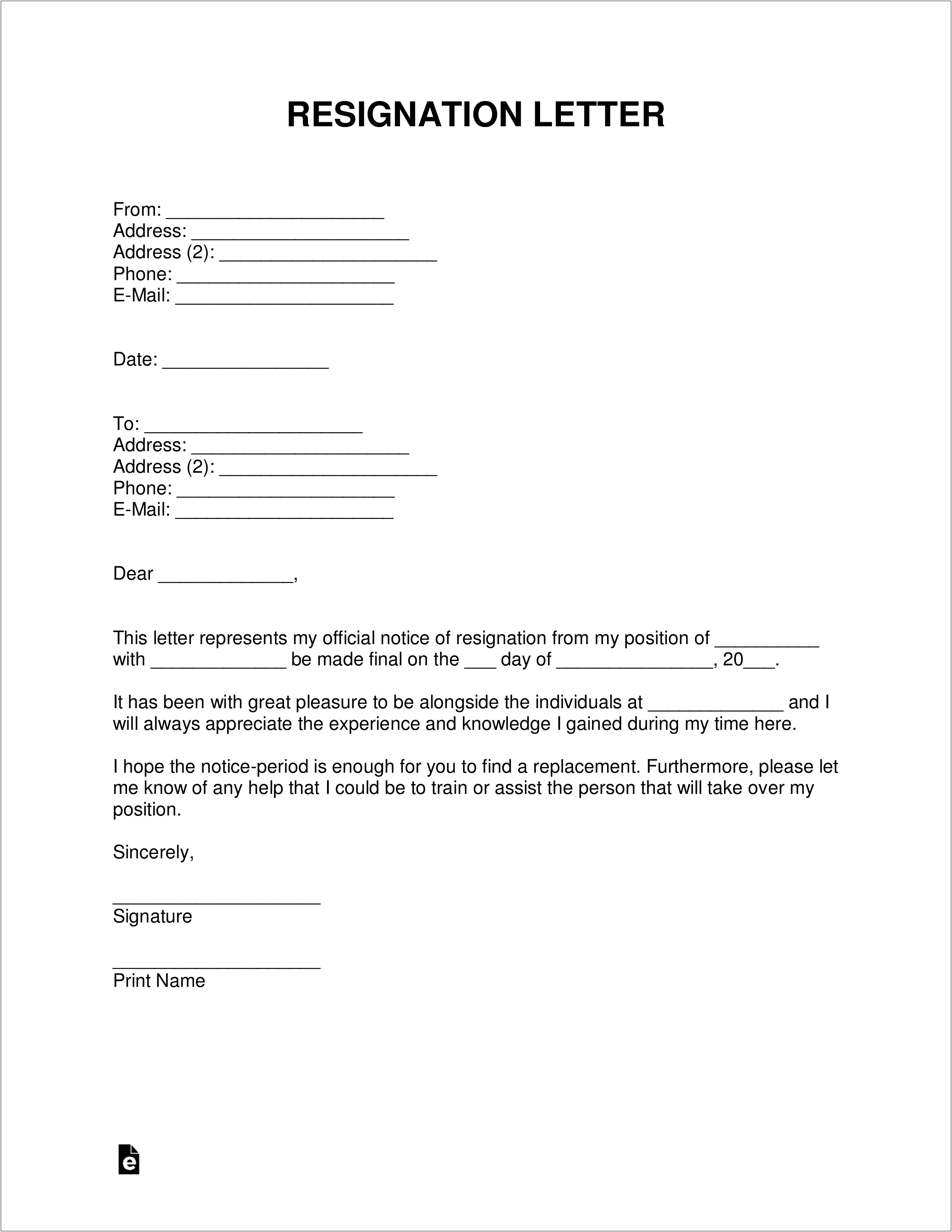 Letter Of Resignation Template 4 Weeks Notice