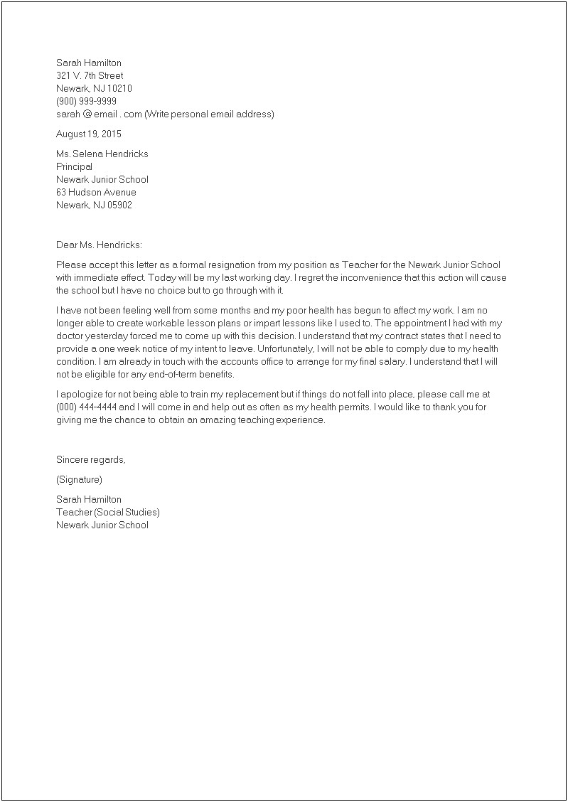 Letter Of Resignation Template Effective Immediately