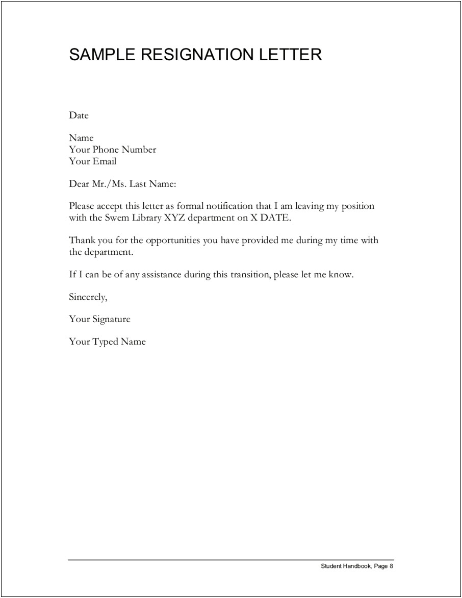 Letter Of Resignation Template For Employee