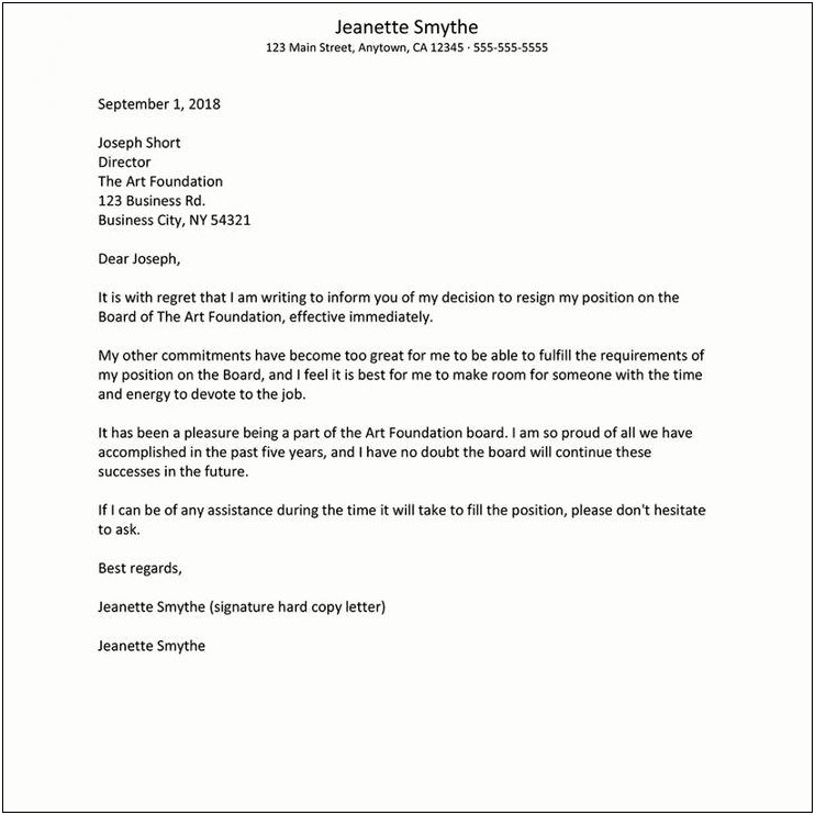 Letter Of Resignation Template For Officer