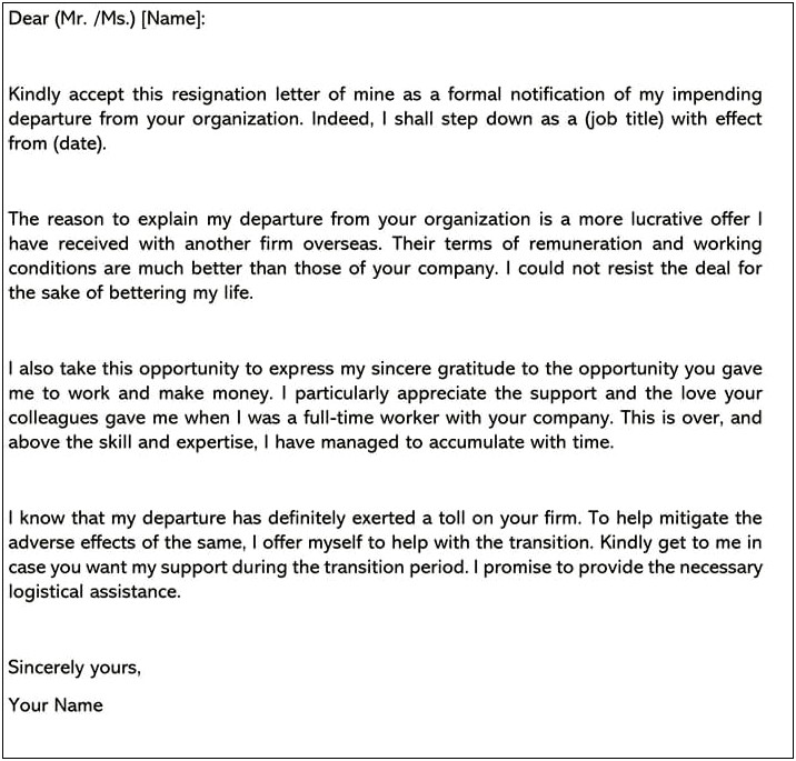 Letter Of Resignation Template Moving Abroad