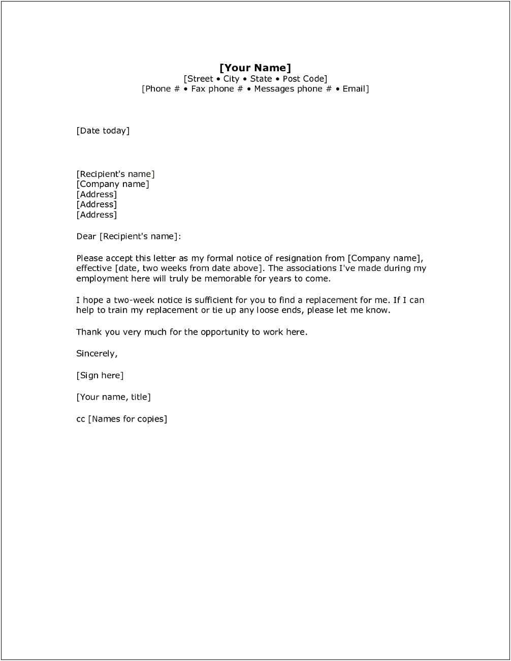 Letter Of Resignation Template Pdf Free