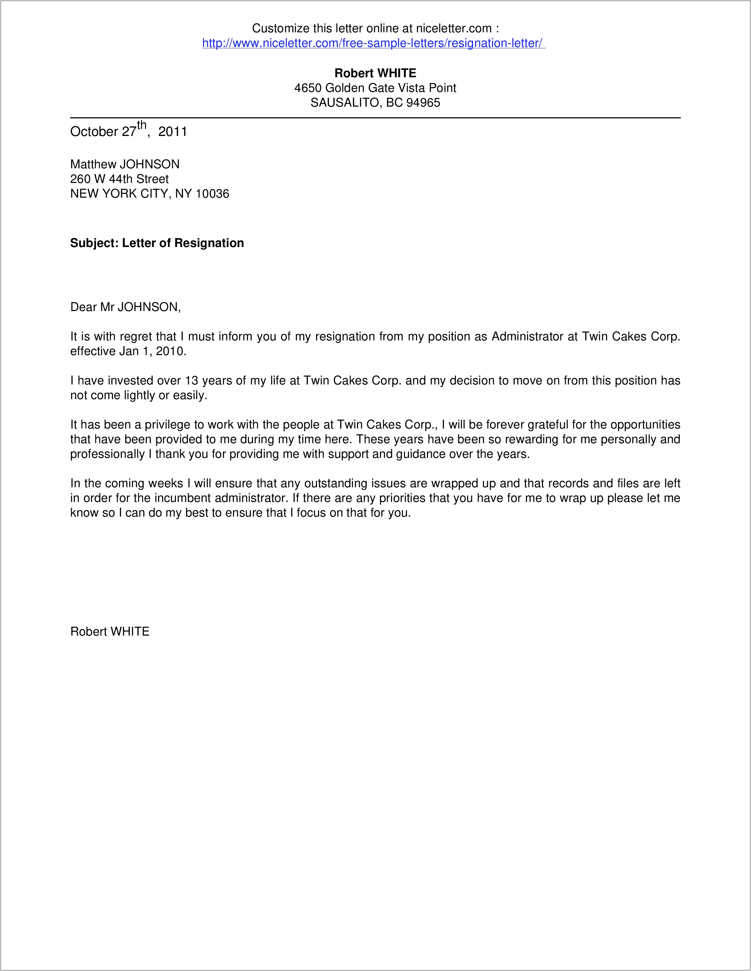 Letter Of Resignation Template Reason For Leaving