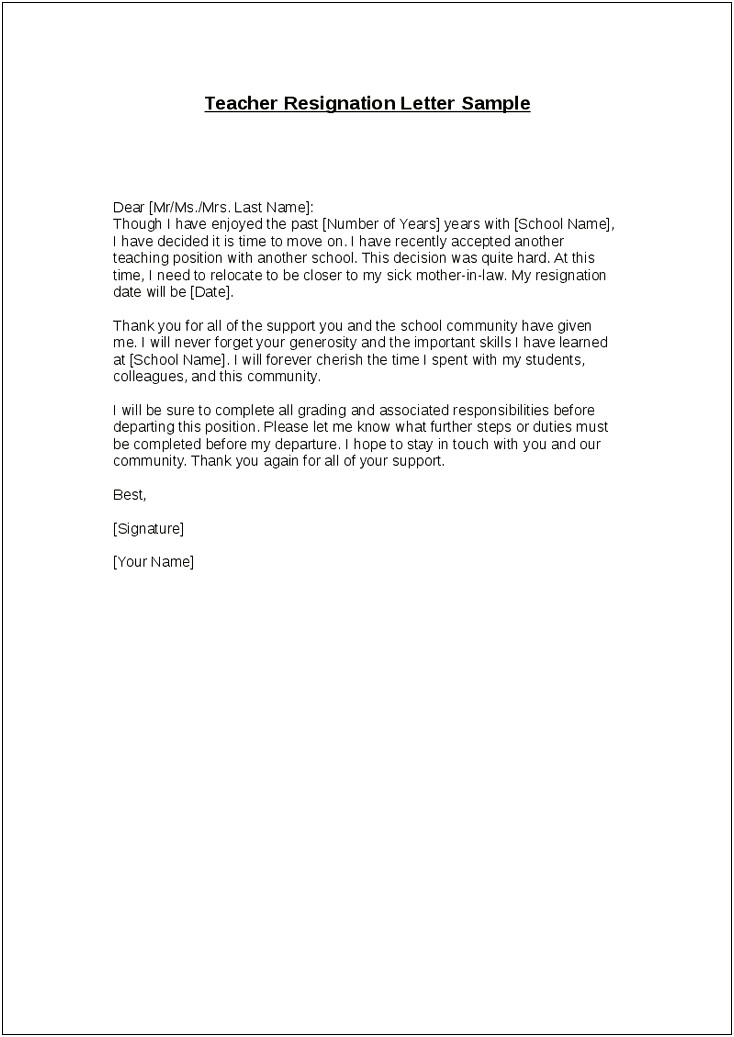 Letter Of Resignation Template School Employee