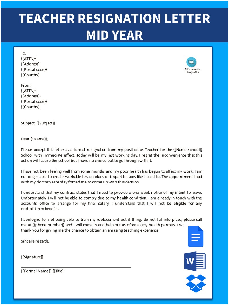 Letter Of Resignation Template Teaching Assistant