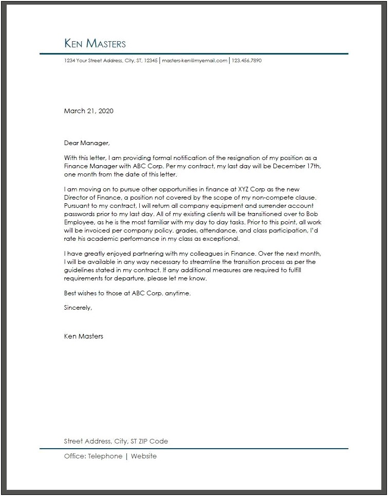 Letter Of Resignation Template To Hr