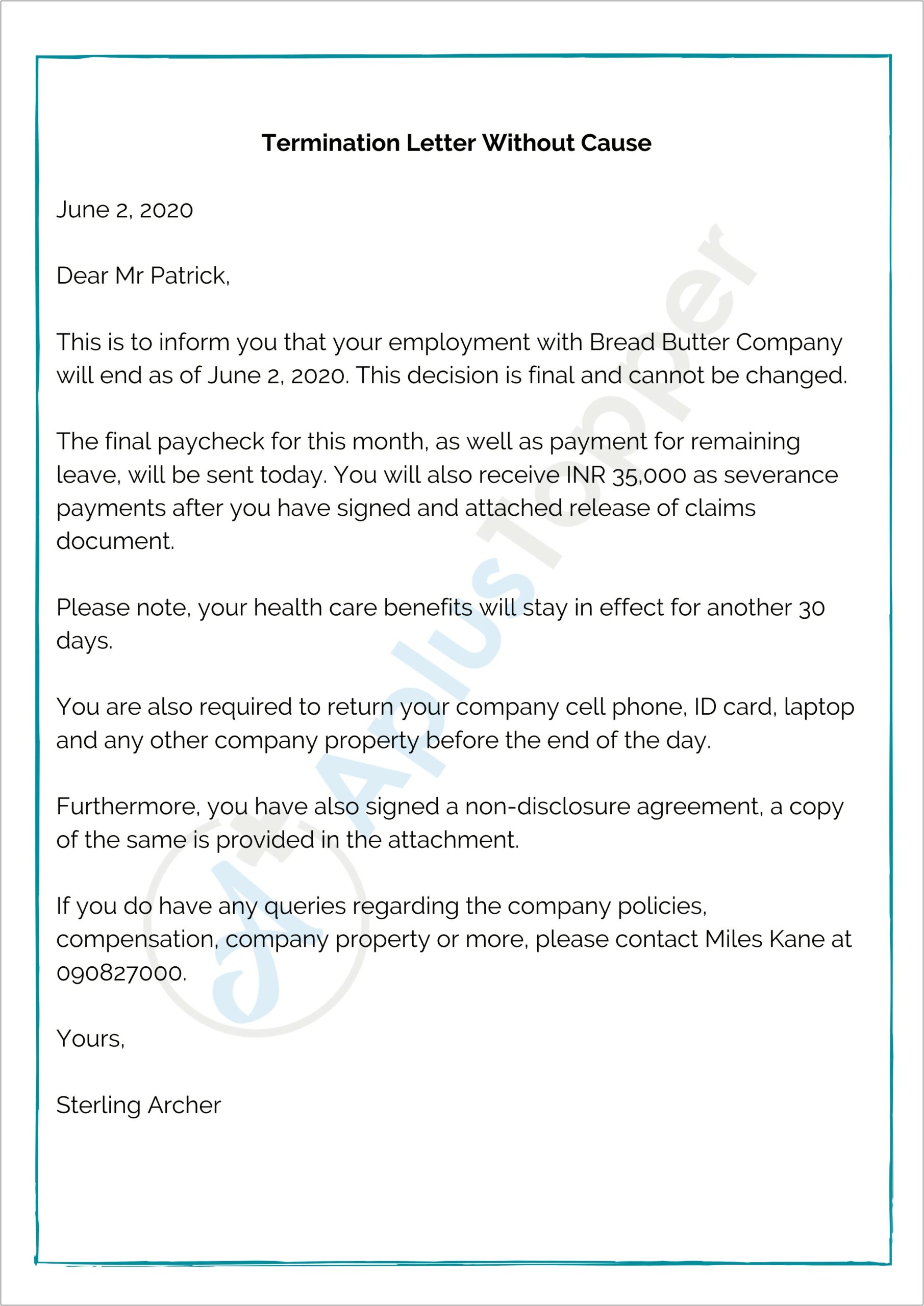 Letter Of Separation From Employee Template