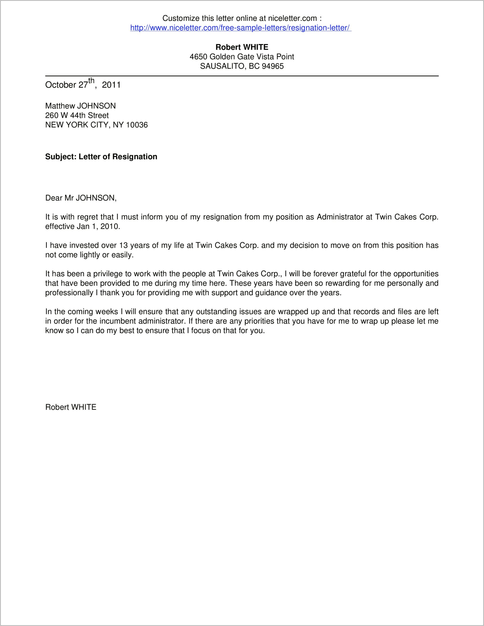 Letter Of Separation From Employer Template