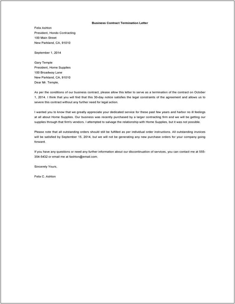 Letter Of Service Contract Termination Template