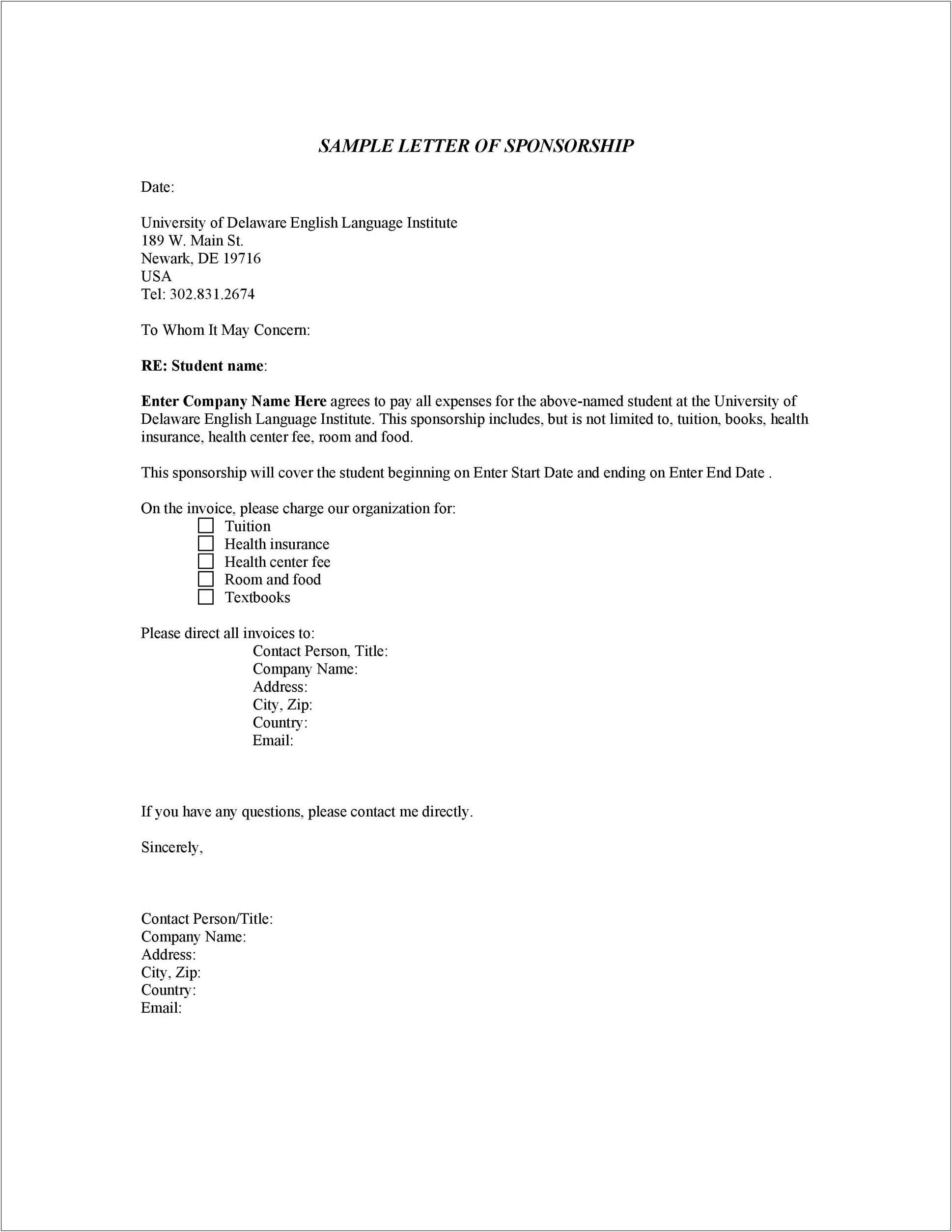 Letter Of Sponsorship For Visa Template