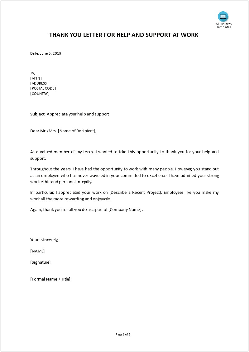 Letter Of Support For Project Template