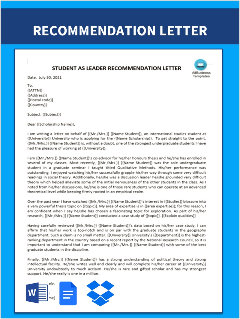 Letter Of Support For Student Research Template