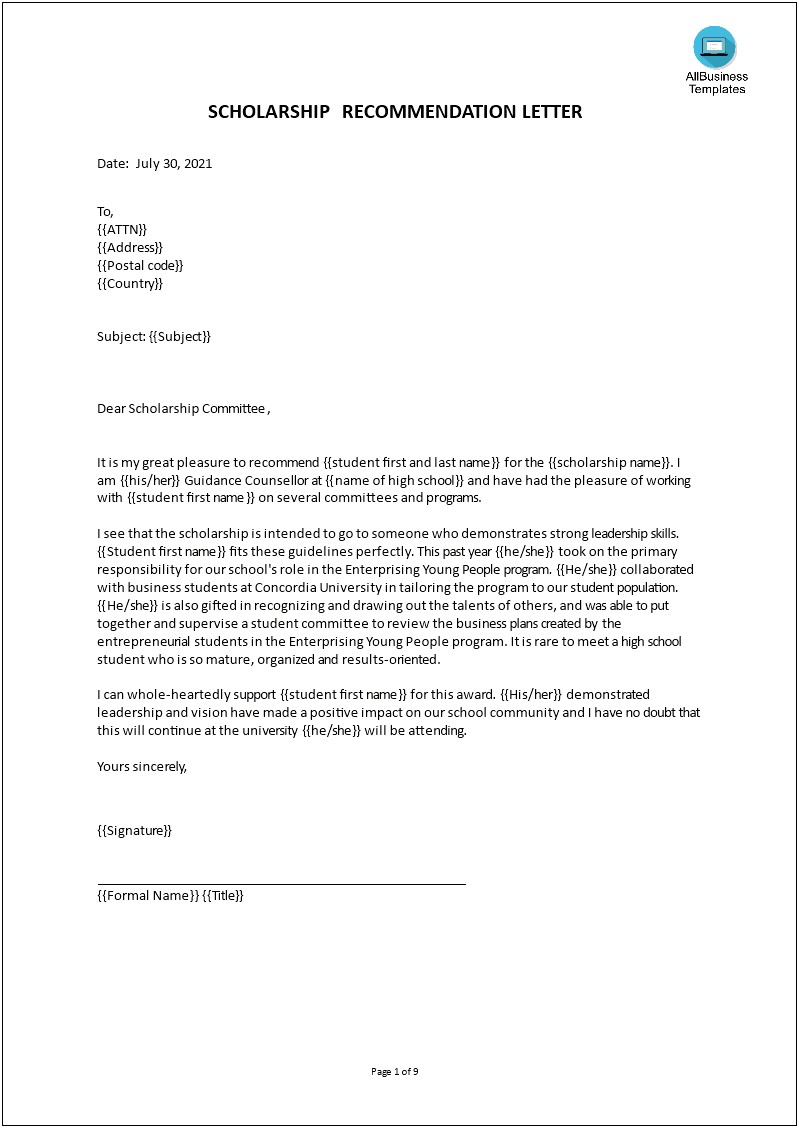 Letter Of Support Template For Award