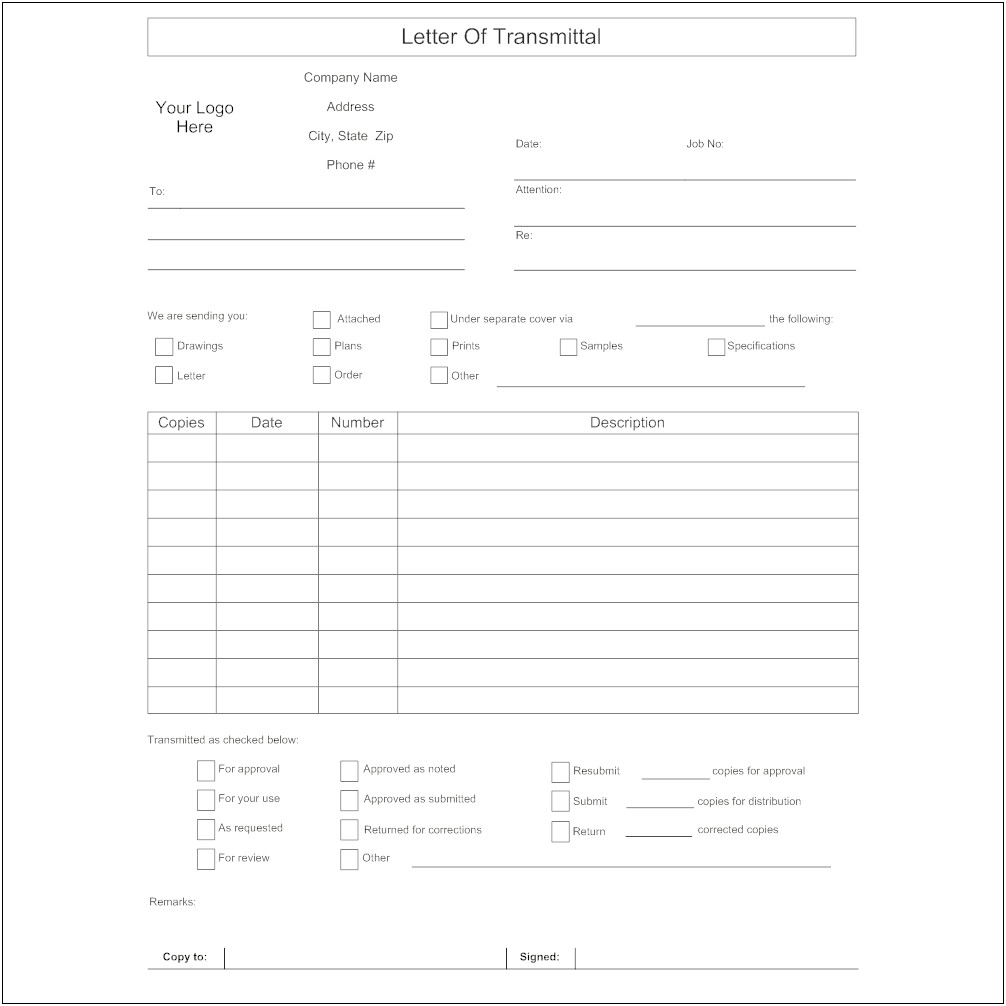 Letter Of Transmittal Template For Construction