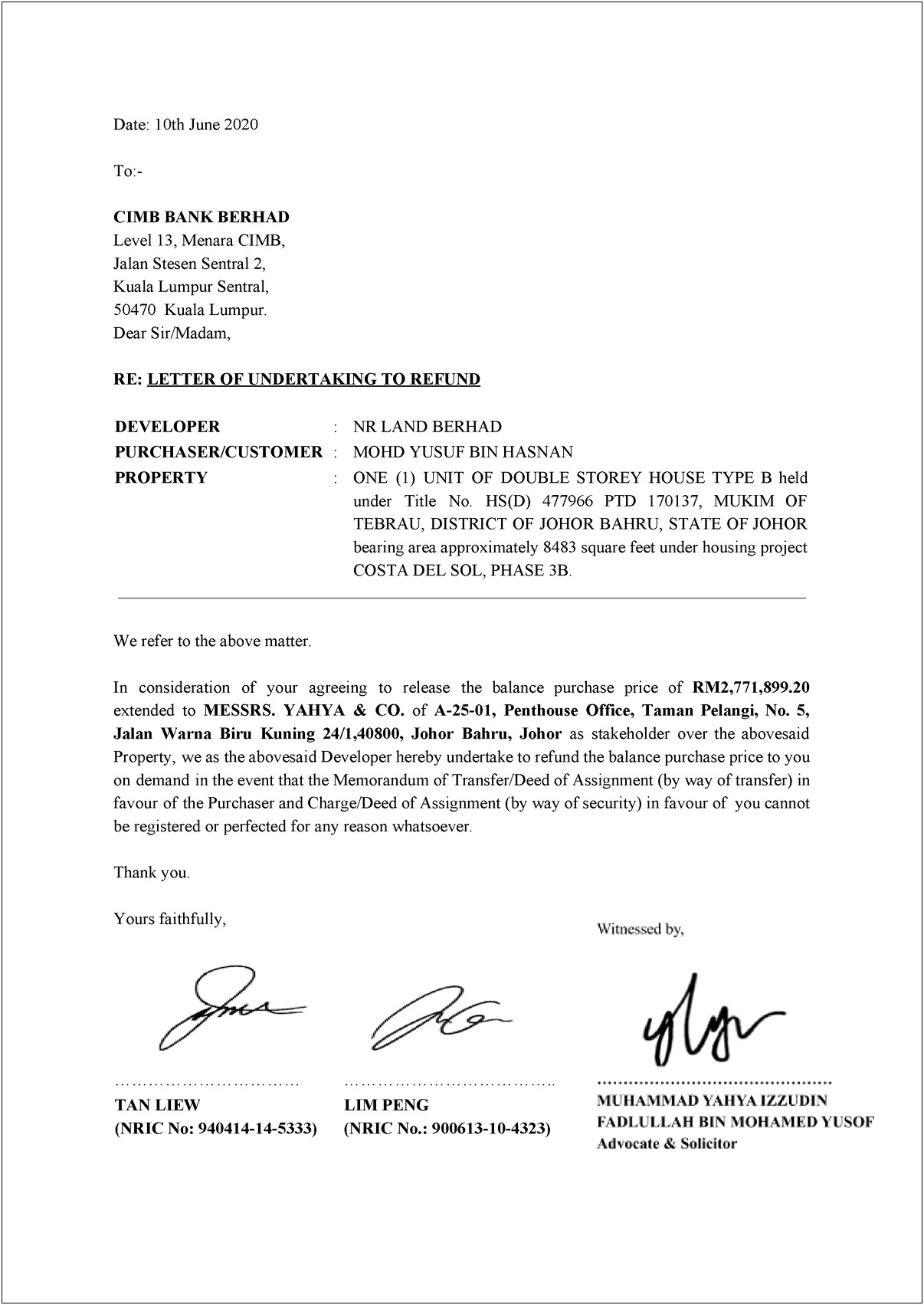 Letter Of Undertaking To Pay Template