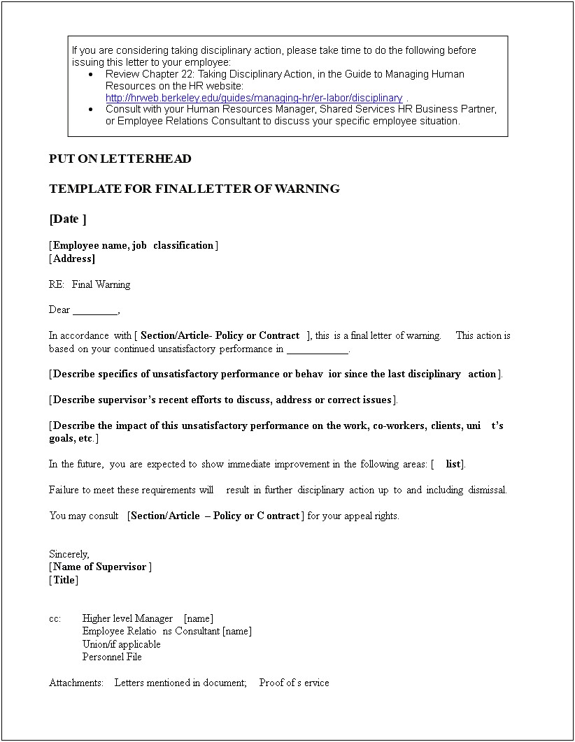 Letter Of Warning Template Poor Performance