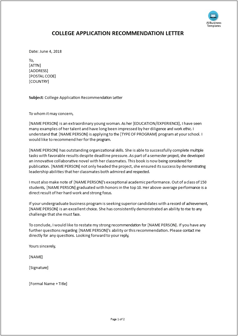 Letter Or Recommendation For College Template