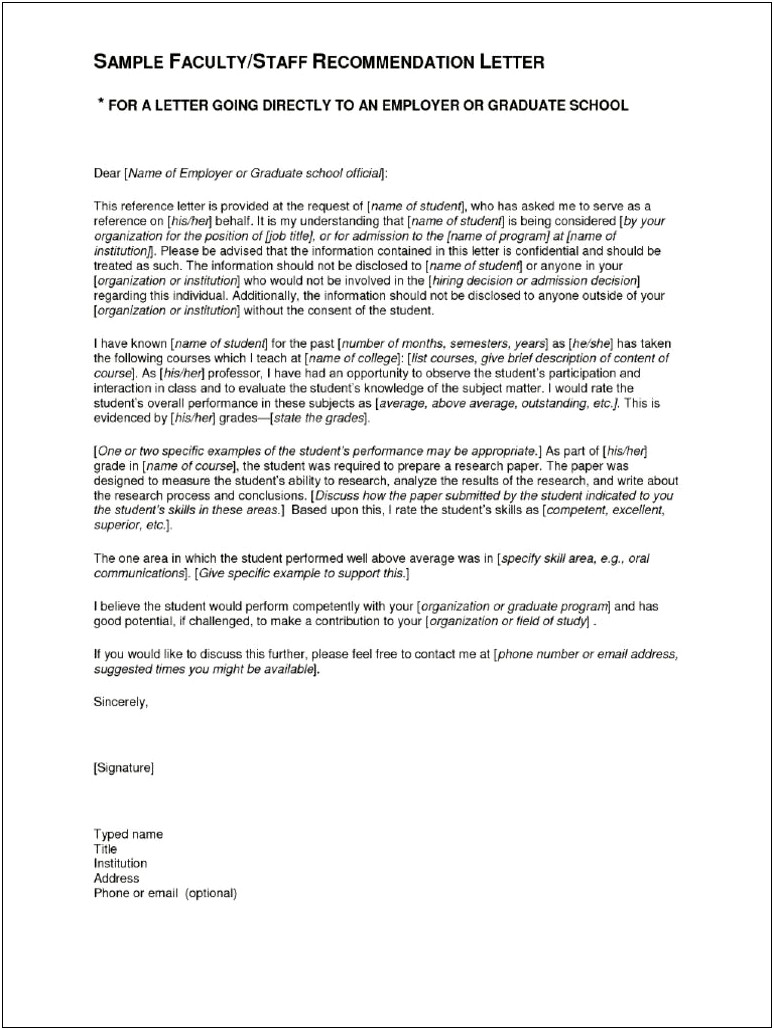 Letter Sof Reccomendation Grad Student Template