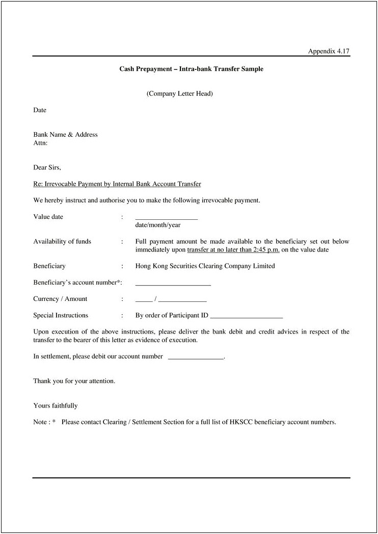 Letter Template Amount Of Transfer Fund And Purpose