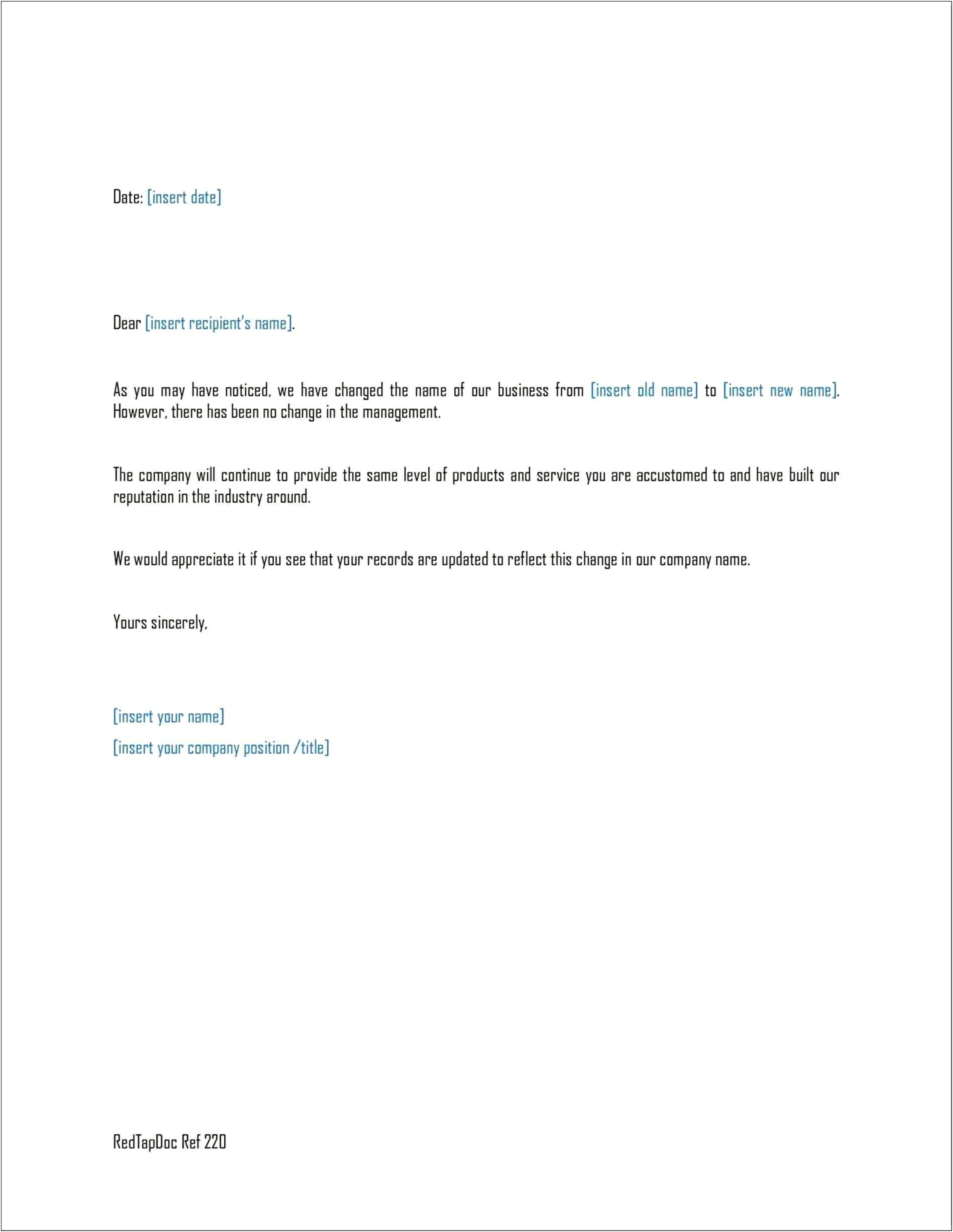 Letter Template For Change Of Business Name