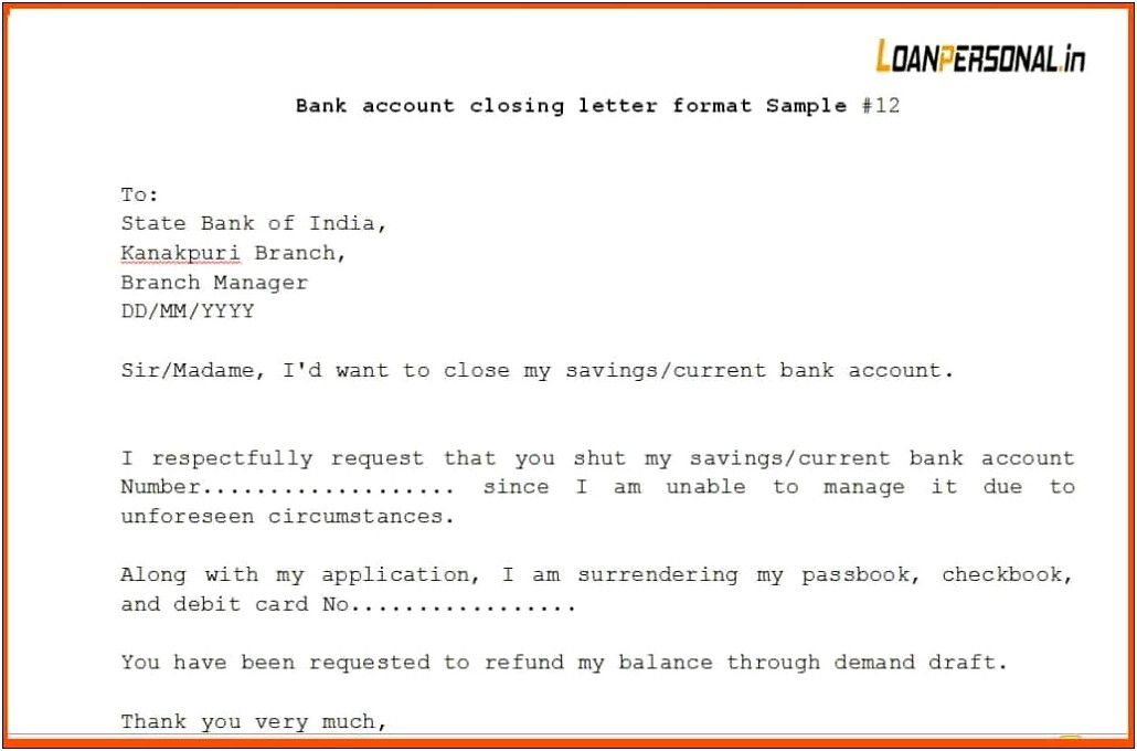 Letter Template For Closing A Bank Account