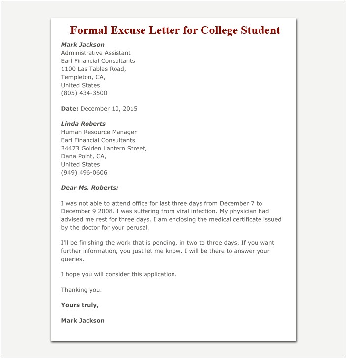 Letter Template For Excuse Microsoft Word