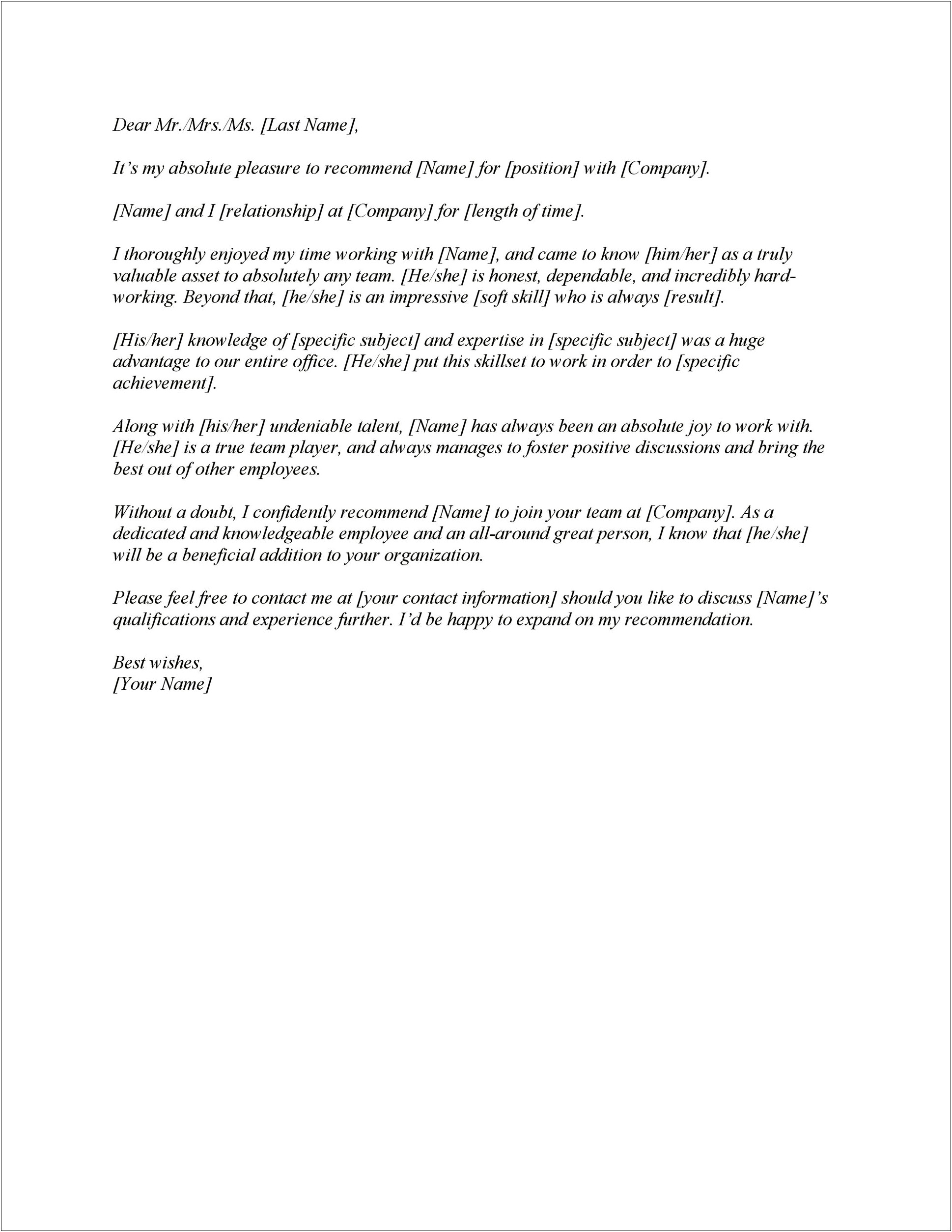 Letter Template For Letter Of Recommendation