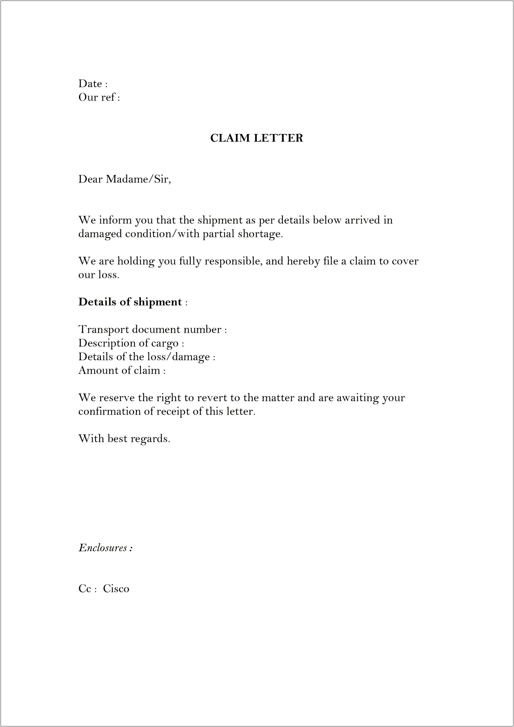 Letter Template For Loss Of Property