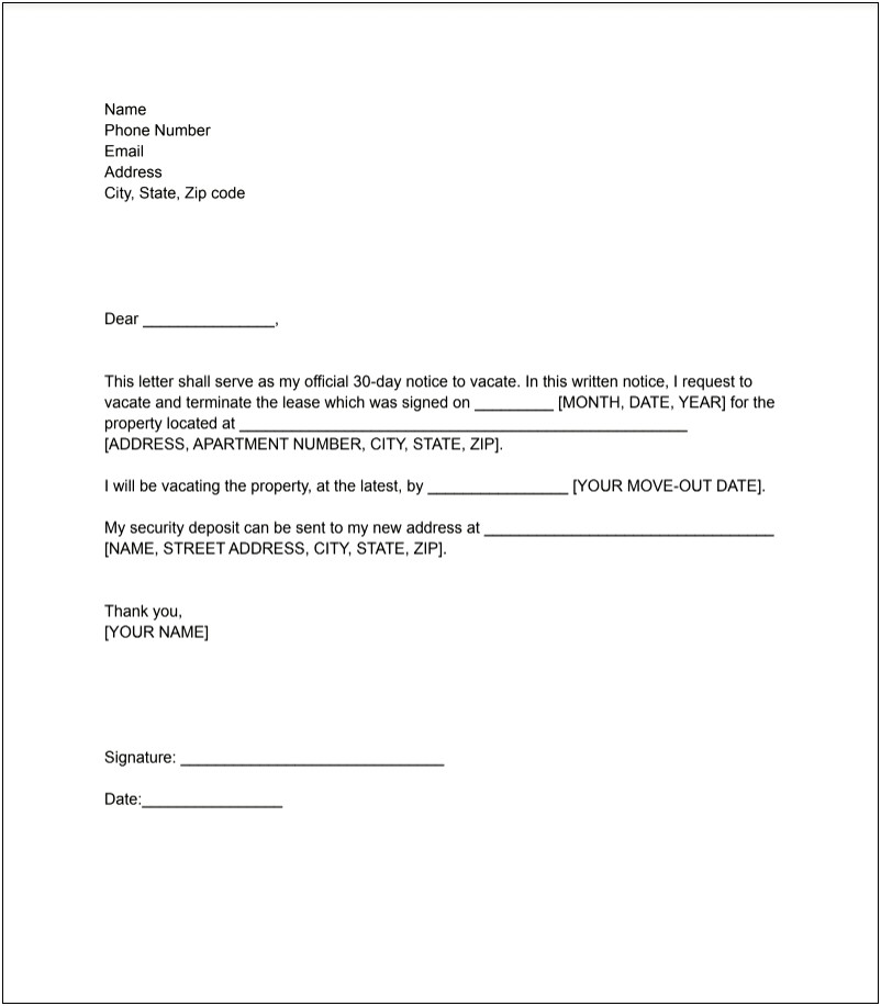 Letter Template For Notice To Vacate